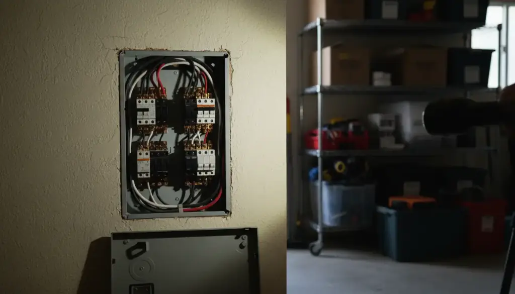 A residential breaker panel with its cover off, lit from the side by a flashlight