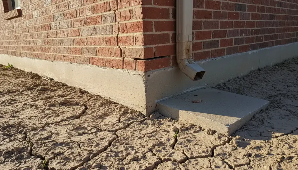 Brick foundation corner of a ranch house with a stair-step crack through the mortar joints